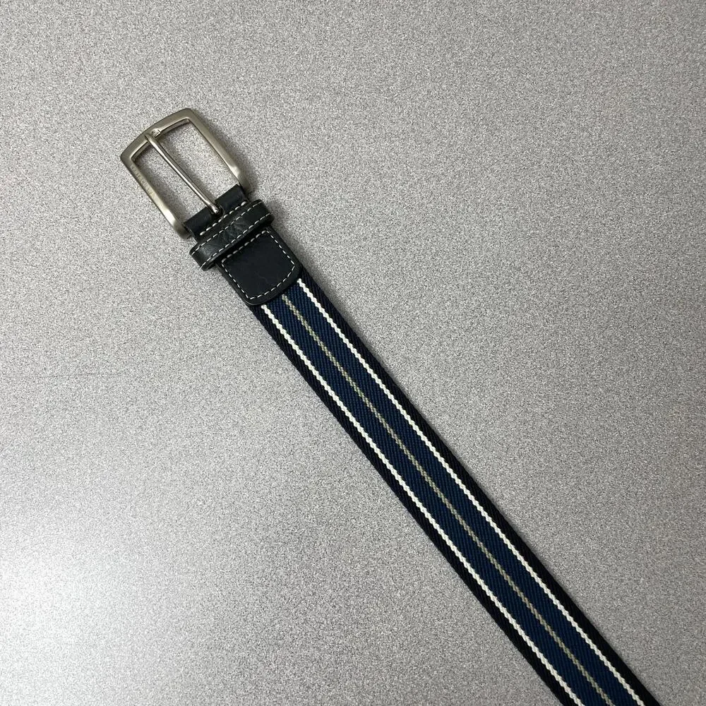 Kent and Curwent Belt 90cm Mens Blue Cotton Leather Preppy Silver Buckle Stripe